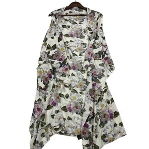 Floral Draped Kimono Open Longline Sleeveless Cardigan One Size White Purple